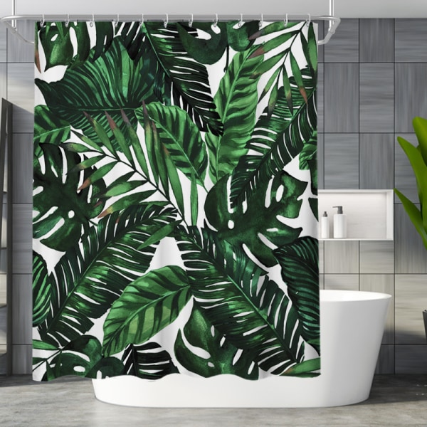 Cactus leaf pattern durable polyester shower curtain with 12 hooks, 180 x 180 cm Green Leaf C