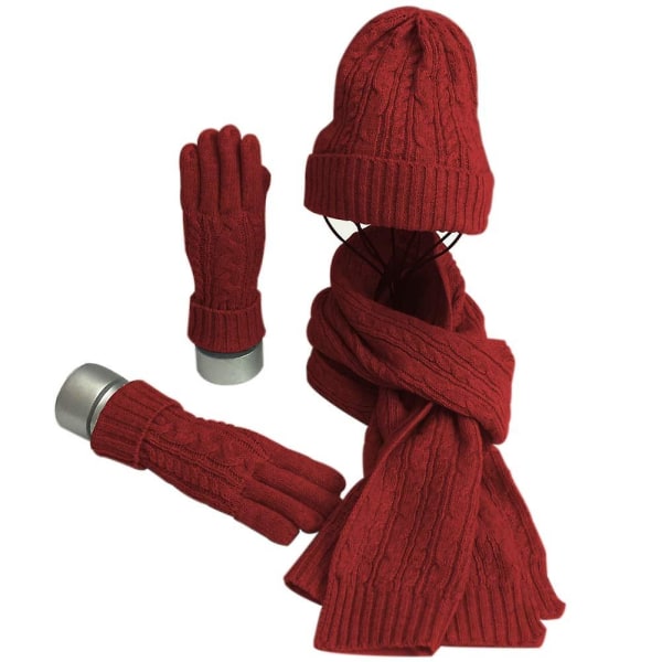 Vintermössa Scarfhandskar Set För Kvinnor Stickade Beanies Hat Varm Scarf Kallt väder Thermal Red