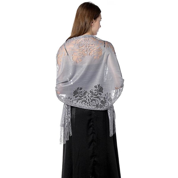 Kvinde Floral Lace Mesh Pashmina Fest Bryllup Sjal Tørklæde Med Frynser Grey