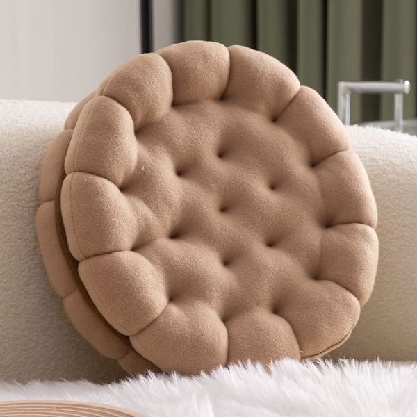 14 tommers kjeksformet dekorativ rund pute, komfortabel, morsom, søt pute, rund sittepute for sofa, stol, seng, bil, beige