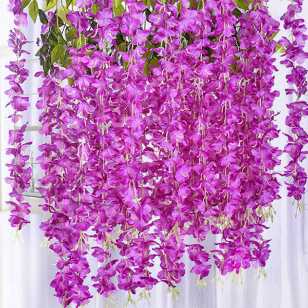 12 Krypterede og Forlængede Wisteria Simulering Rør Blomster, Kunstige Bryllupsblomster, Indendørs Dekorative Vægophæng Blomster, Lilla Rød
