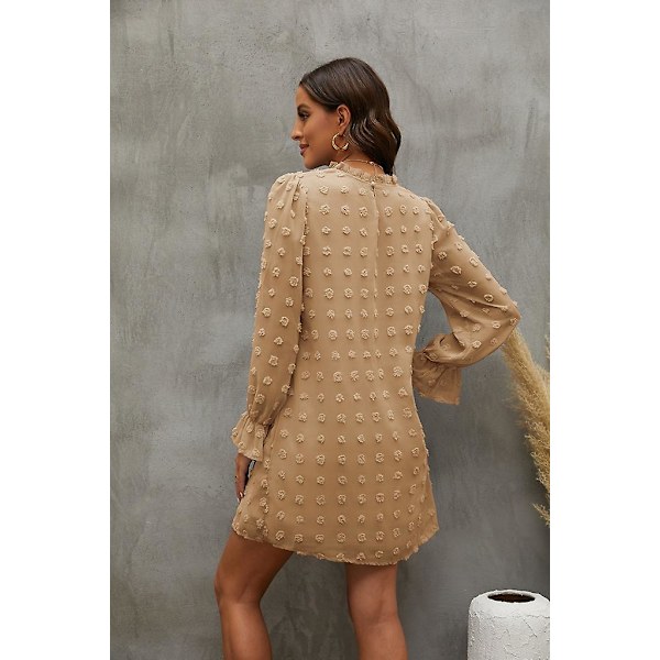 Bubbla Chiffon Jacquard Bottenklänning med Lång Ärm Khaki M