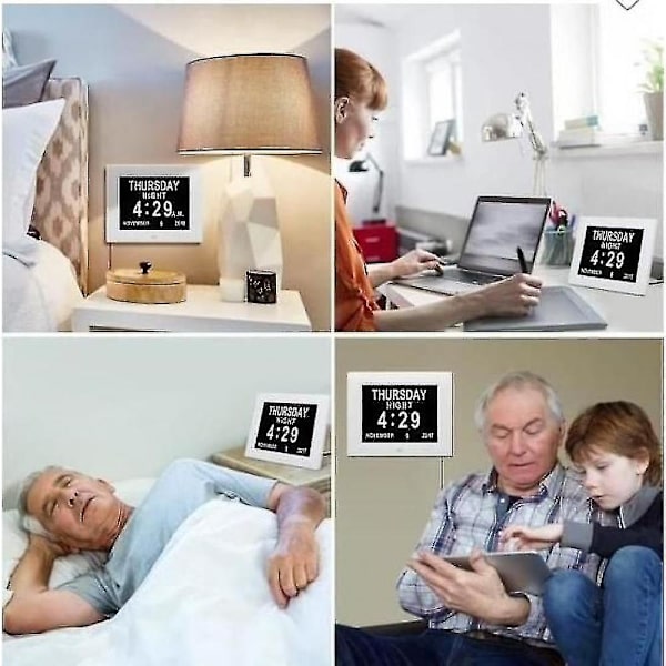 Ur med kalender med dato, dag, tid, stor automatisk dæmpning, alarm til seniorer - Alzheimers og børn White
