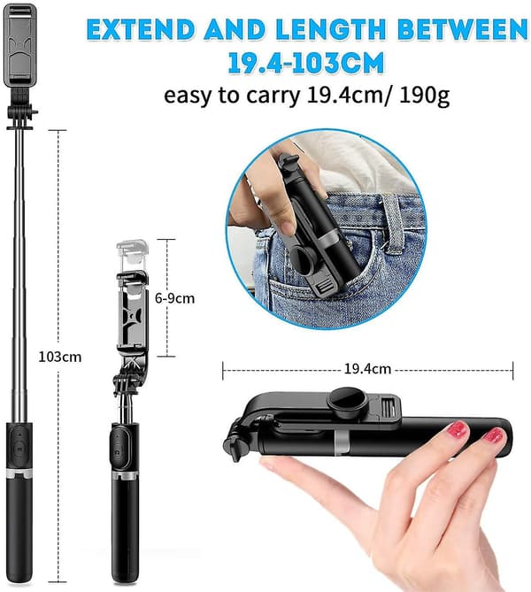 Bluetooth Selfie Stick Tripod, Udtrækkelig Selfie Stick
