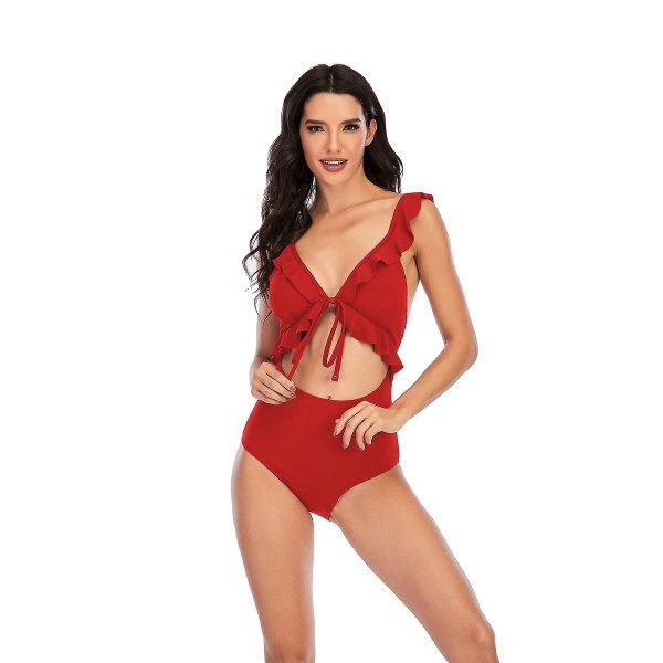 Ensfarvet udskæring Snørebånd Sexet Bikini Push Up Badetøj til kvinder XL Red