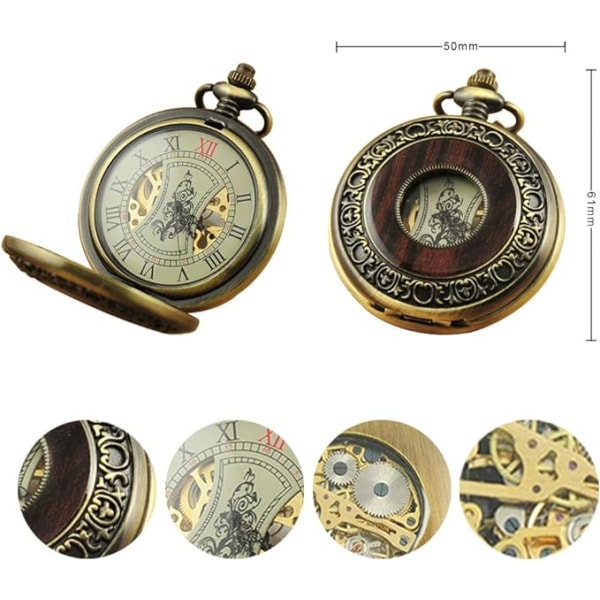 1 stk. Herre Lommeur i Træ med Håndoptræk og Mekanisk Urværk - Vintage Steampunk Design med Hulmønster, Kæde og Æske