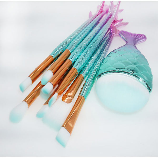 Sjöjungfru sminkborstar set, söt sminkborstar kit, sminkborste + väska för foundation, ögonskugga, rouge, flickors julklapp och födelsedagspresent (11 st)