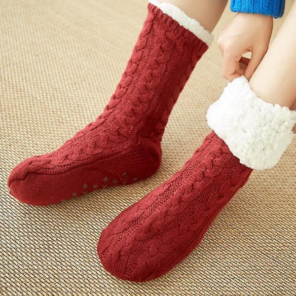 Dam vinter fleece golvstrumpor kabel tjock halkfri termisk varm Red Wine