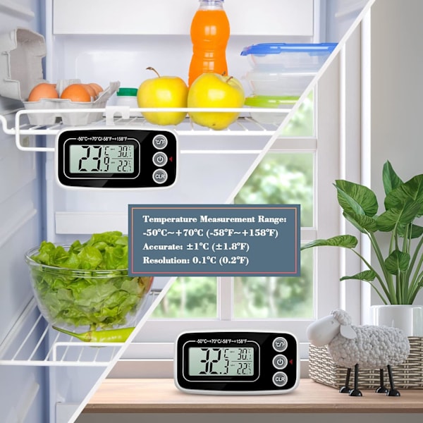 Digitalt køleskabs termometer temperatur -50°C til 70°C med krog til køleskab fryser LCD-display let at læse, 2 stk.