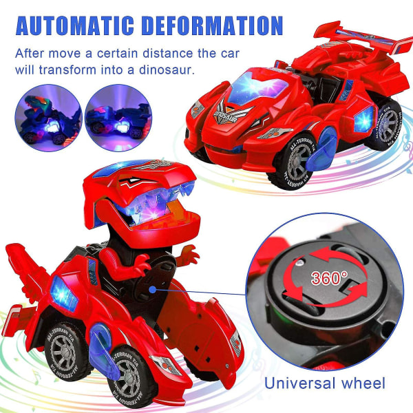 Transformerende dinosaurleker  Transformerende dinosaurbil  Automatisk transformerende dinobiler med musikk og LED-lys  Transformerende bil leketøy for barn gutter jenter B Red