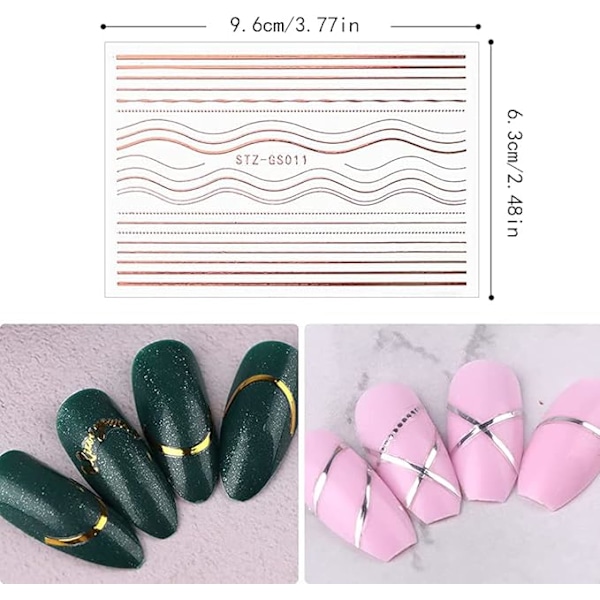 Satunnainen kuvio, 6 arkkia nauhakuviotarroja, 3D-raita-aaltoviivat kynsien taidetarra itseliimautuvat kynsien tarrat koriste DIY kynsien taidetarrat, Wo:lle