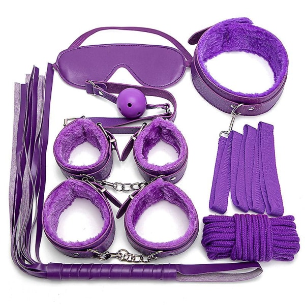 7 stk./sæt læder bondage-sæt til voksne, håndjern/piske/kugle/reb/halsbånd Purple