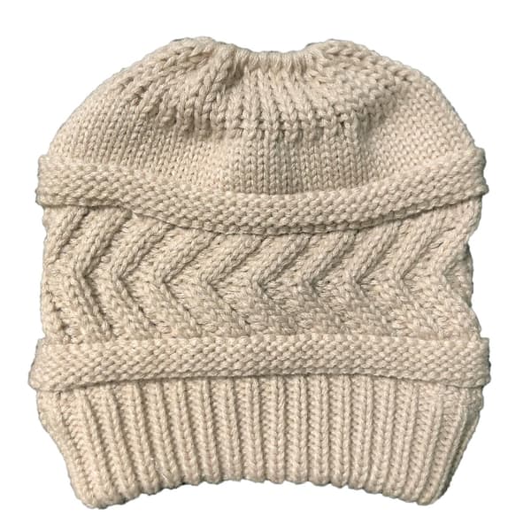 Hög rörig bulle mössa för kvinnor med hästsvanshål, vintervarm trendig stickad skidmössa Beige