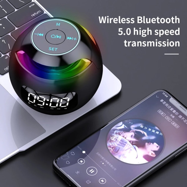 Kompatibel med Bluetooth 5.0 högtalare med LED digital väckarklocka musikspelare trådlös sfärisk klocka högtalare mini BT högtalare