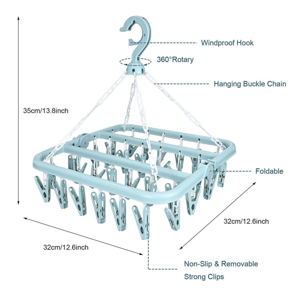 Sokketørker, sokketørkestativ med 32 klesklyper, sammenleggbar tørkestativ for innendørs bruk med vindtett krok Blue