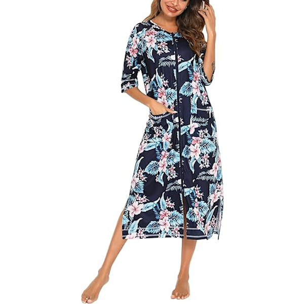 Painettu naisten mekko vetoketjullinen etutoimisto takki 3/4 hiha pyjama koko pituus naisten rento mekko taskuilla S-XXL