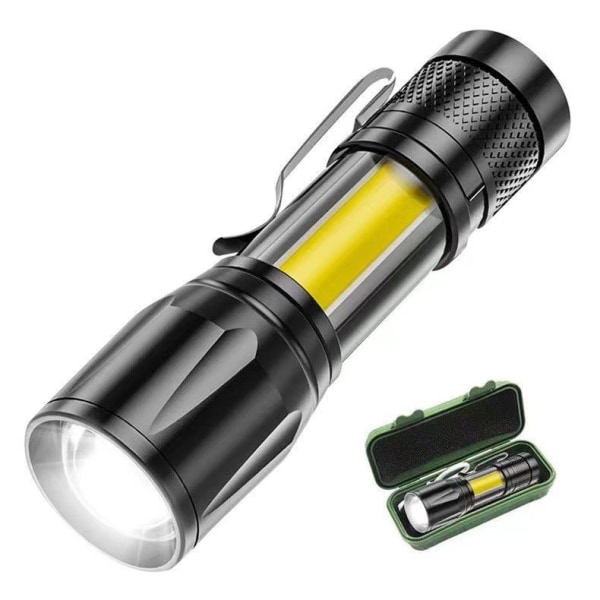 Utomhus Starkt Ljus Taktisk Led USB Uppladdningsbar Svart Teleskopisk Zoom Sidoljus COB Liten ficklampa