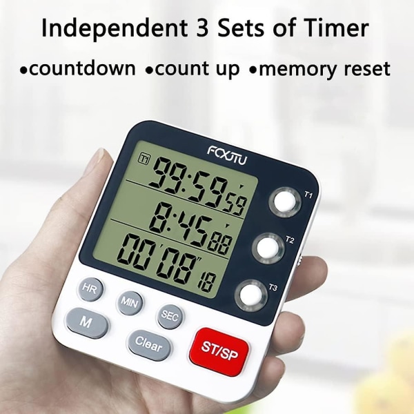Digital dobbelt køkkentimer, 3 kanaler optælling/nedtælling timer, madlavningstimer, stort display, høj lydstyrke alarm og blinkende lys med magnetisk bagside, Sta