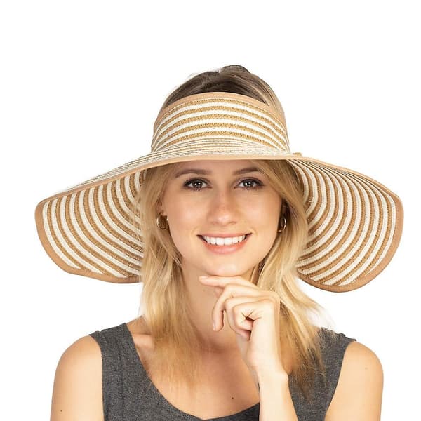 Strandhattar för kvinnor hopfällbara breda brätten rosett sommarhalmhattar Striped Khaki