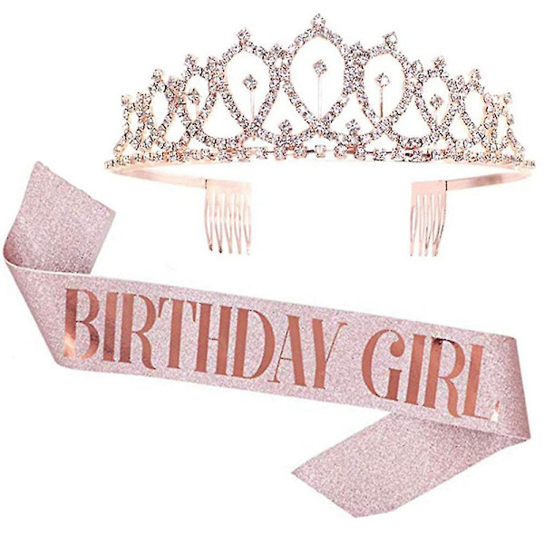 Kvinde Ladies Fødselsdag Dronning Tiara Og Sash Krystal Krone Pandebånd Skulderstrop Sæt Rose Gold GIRL
