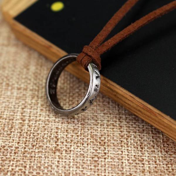 Unisex Ring Vedhæng Halskæde Med Justerbar Brun Læder Kæde
