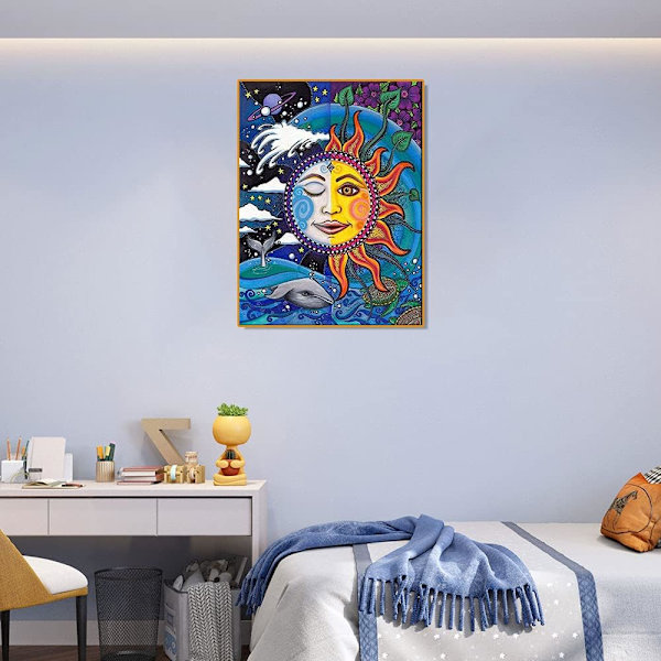DIY 5D timanttimaalaussetti aikuisille 12x16 tuumaa aurinko ja kuu pyöreä täysi timanttikristalli timanttikirjonta ristipistotaide