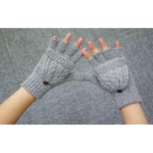 Ladies Girls Winter Half Gloves Winter Warmer Knit Gloves Knitted Fingerless Mittens With Flip Top, Gray