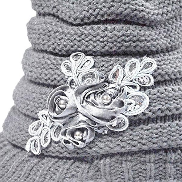 Dam vinter varm stickad mössa virkad skärm mössa med blomma accent Grey