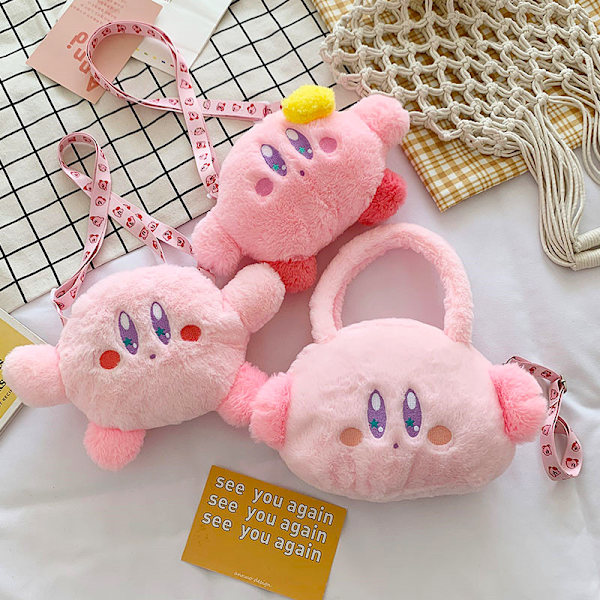 Rosa tecknad plysch Kirby smink kosmetisk väska söt handväska arrangör axelväska