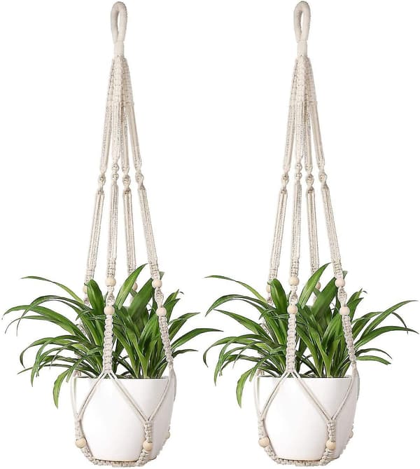 Macrame växt hängare inomhus utomhus hängande planter korg bomullsrep med pärlor, Elfenben