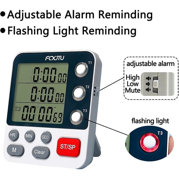 Digital dobbelt køkkentimer, 3 kanaler optælling/nedtælling timer, madlavningstimer, stort display, høj lydstyrke alarm og blinkende lys med magnetisk bagside, Sta