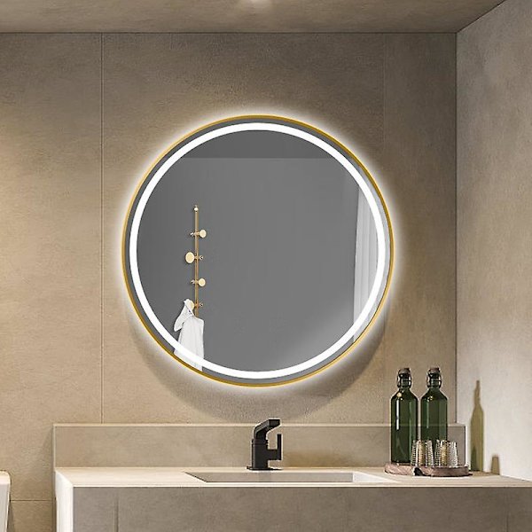 24\" LED-belyst rund spegel väggmontering cirkelformad belyst badrumsspegel med anti-dimma avfrostningsplatta inbyggd Double touch