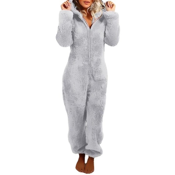 Kvinders Vinter Fluffy Fleece Hætte All In One Jumpsuit Gray S