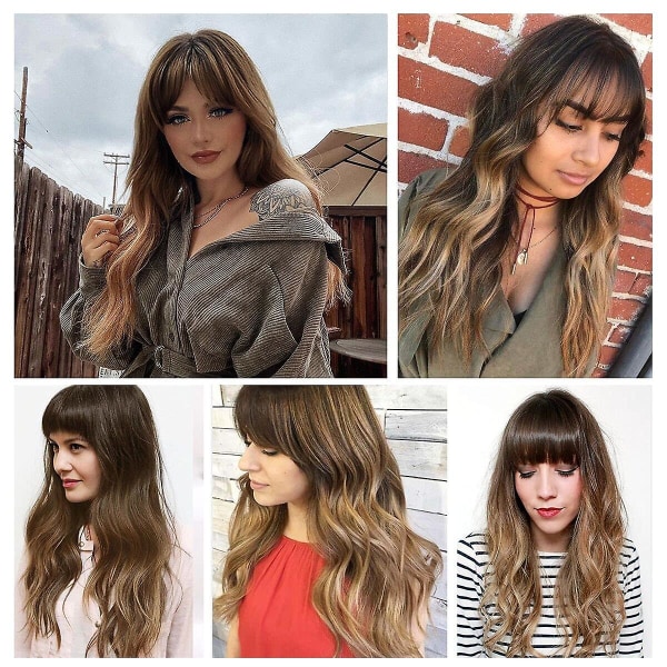 Lång vågig peruk med lugg Ombre mörkblond peruk för kvinnor, värmebeständig syntetisk peruk med brun rot för dagligt bruk Gold