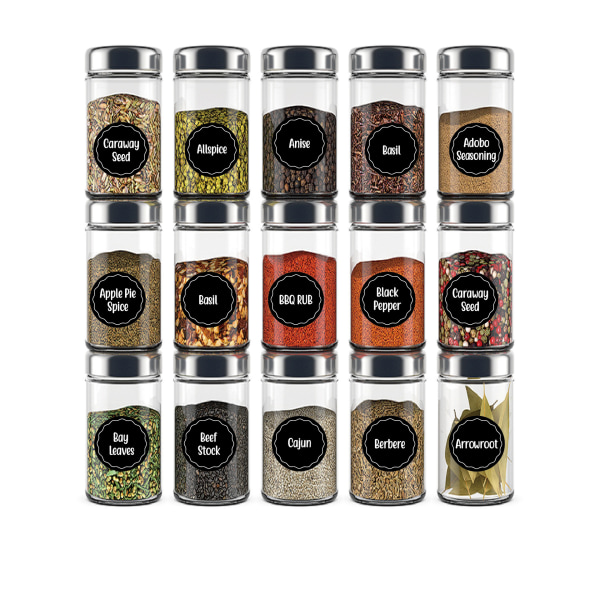 288 etiketter för kryddlådor och matbutiksdekaler med en diameter på 3,8 cm, och etiketter med svarta tavlor