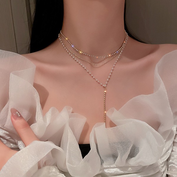 Flerlagers Y-formad design pärlhalsband kvinnors kedja nyckelbenshals tillbehör nytt halsband