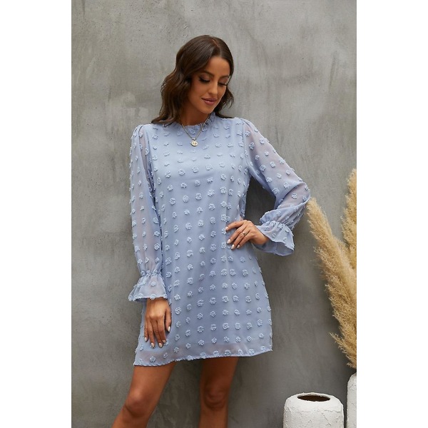 Bubbla Chiffon Jacquard Bottenklänning med Lång Ärm Light Blue L