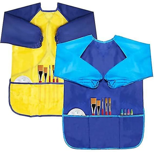 Förpackning med 2 konstklänningar för barn, vattentäta konstnärsmålningsförkläden för barn, långärmade med 3 fickor Yellow Blue*Blue