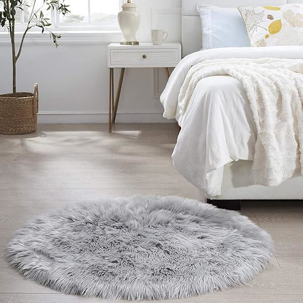 Hequn syntetisk saueskinn, behagelig følelse som ekte ull imitert pels teppe, imitert luksus ull sofa pute sete pute rund grå, 60x60 cm
