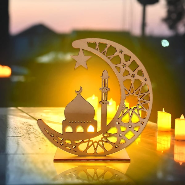 Eid-dekorasjoner, Ramadan-tremåne-moské LED-nattlys, Ramadan-dekorasjoner for hjemmet, bordlampepynt A