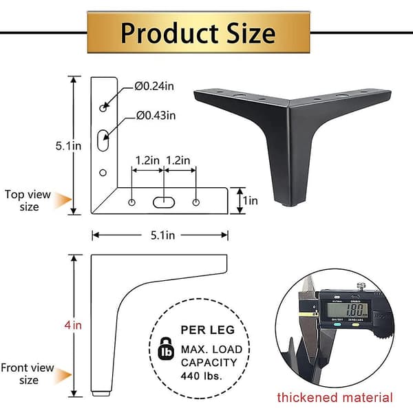 4 stk. Metalmøbelben, Mat Sort Sofaben Til Sofa Kommode Stol Seng Bord Skab Skab Diy Udskiftning 10CM