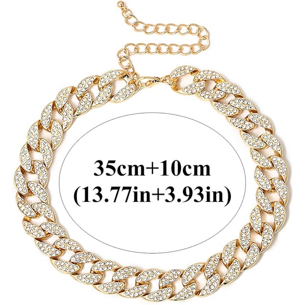 Rhinestone Curb Cuban Link Chain Choker for Kvinner Unisex Cool Hip Hop Miami Cuban Diamond-cut Chain Choker Halskjede ()