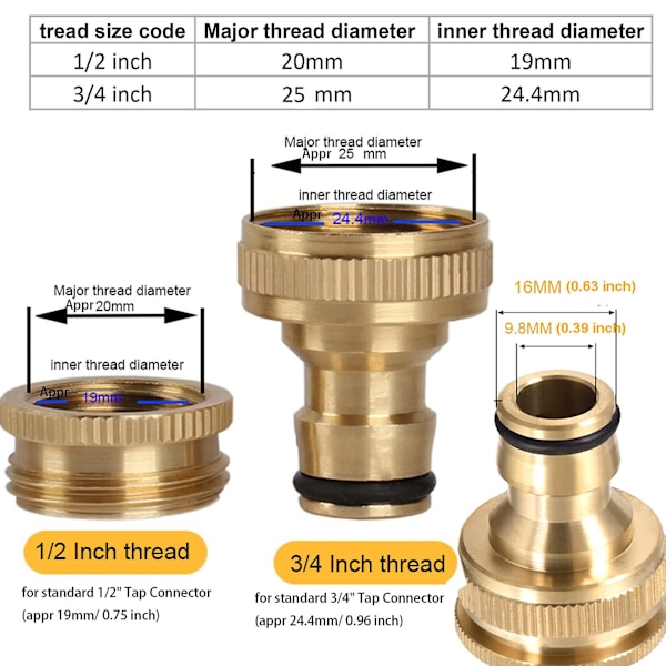 Messing hageslange utendørs kran kobling G 1/2 tommers gjenge hunn til GHT 3/4 tommers adapter 2-i-1 gjenge hurtig