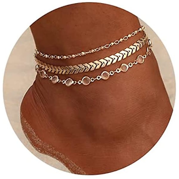 Pearl Ankel Armband Boho Cuban Link Anklet 14k Guldpläterad Tre Layer Beach Ankels Figaro Foot Chain Smycken för kvinnor