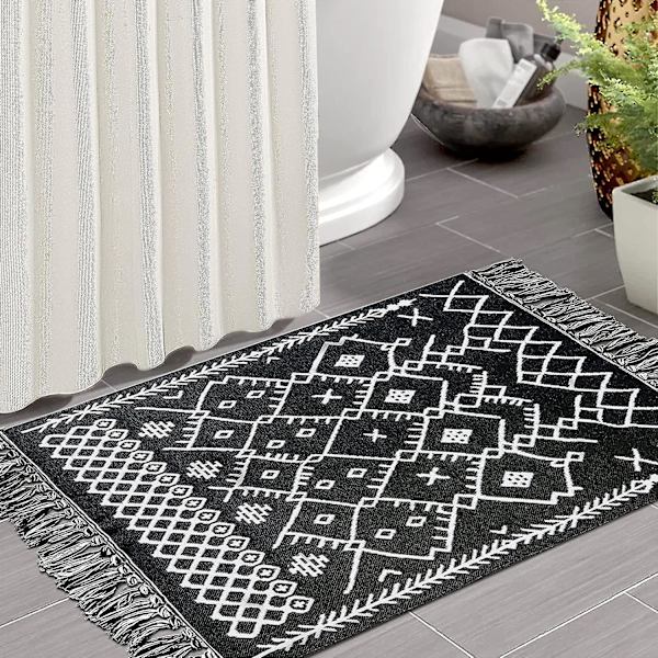 1 stk. Boho badeværelsestæppe, Boho tæppe køkkenløber sort og hvid badeværelsestæppe, vaskbart badeværelsesmåtte tribal landejendom frynser geometrisk marokkansk 60*90cm