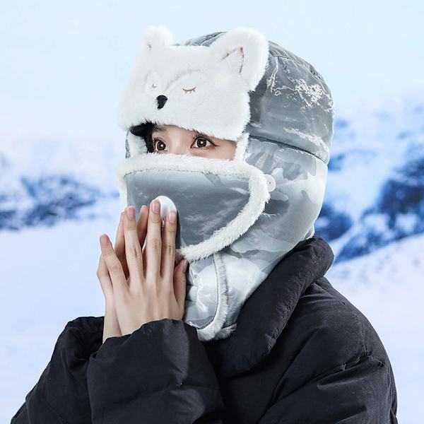 Fox Lei Feng Hat - Mørkegrå efterår og vinter plys fortykket kold-proof og varm Lei Feng Hat sød udendørs cykling maske hat tørklæde alt-i-én ski hat