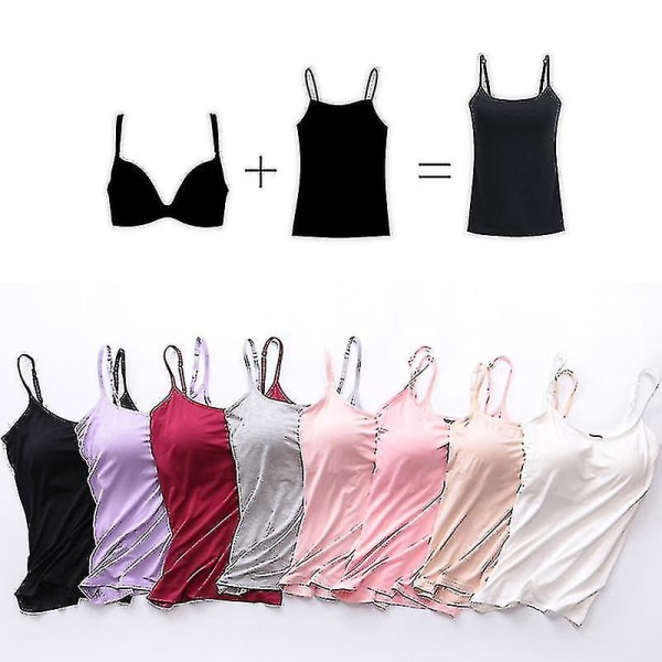 Kvinners Padded Soft Casual Bra Tank Top Kvinner Spaghetti Cami Top Vest Kvinne Camisole Med Innebygd BH Black S