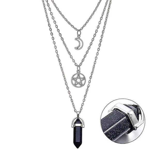Måne Pentagram Halskjede Pentakel Krystall Chakra Halskjede Sjarmanheng Multi Lagdelt Legering Kjede