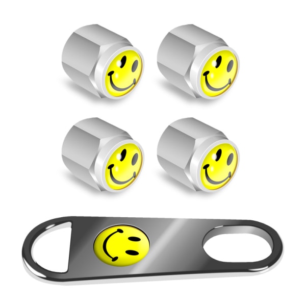smiley face anti-tyveri ventilhætter personlighedsmodificeret bildækhætte læderspænde ventil kernehætte ventilhætte 4 sølv + 1 nøgleringnøgle