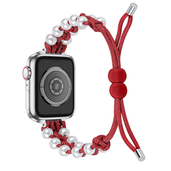 Pärlnylonrem kompatibel med Apple Watch-rem 40mm 38mm för kvinnor flickor, justerbar pärlsmycke väv nylon Red